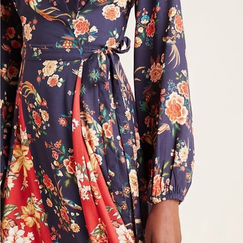 Farm Rio, Graciea navy Rust red floral wrapped dress petite small - Picture 3 of 10